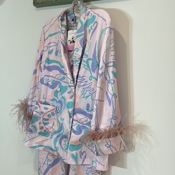 revolve x Oceanus rose pink ostrich feather psychedelic cover up small set - Picture 5 of 8